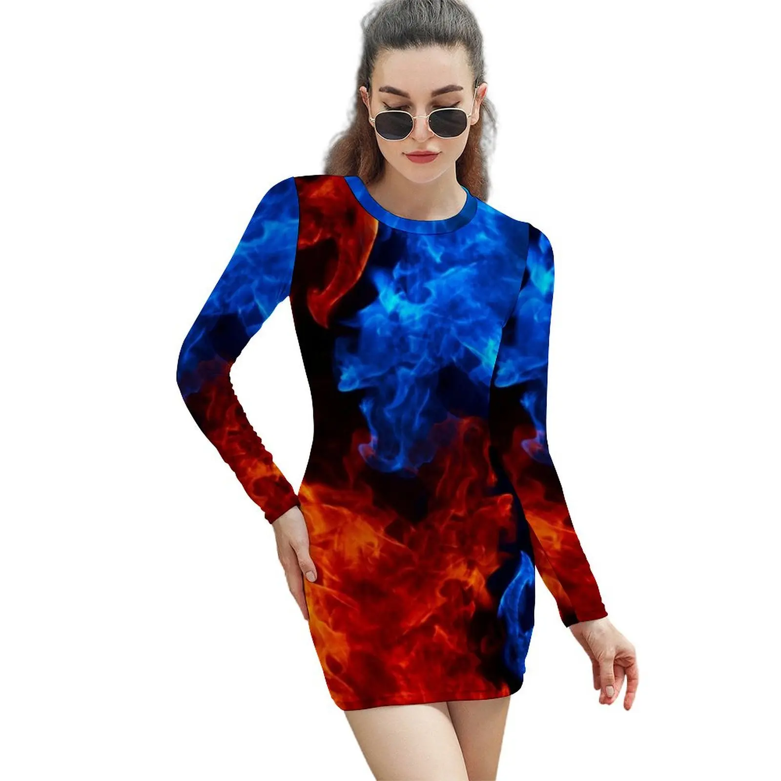 

Red and blue fire pattern Long-Sleeved Sheath Dress dresses for women evening dresses ladies