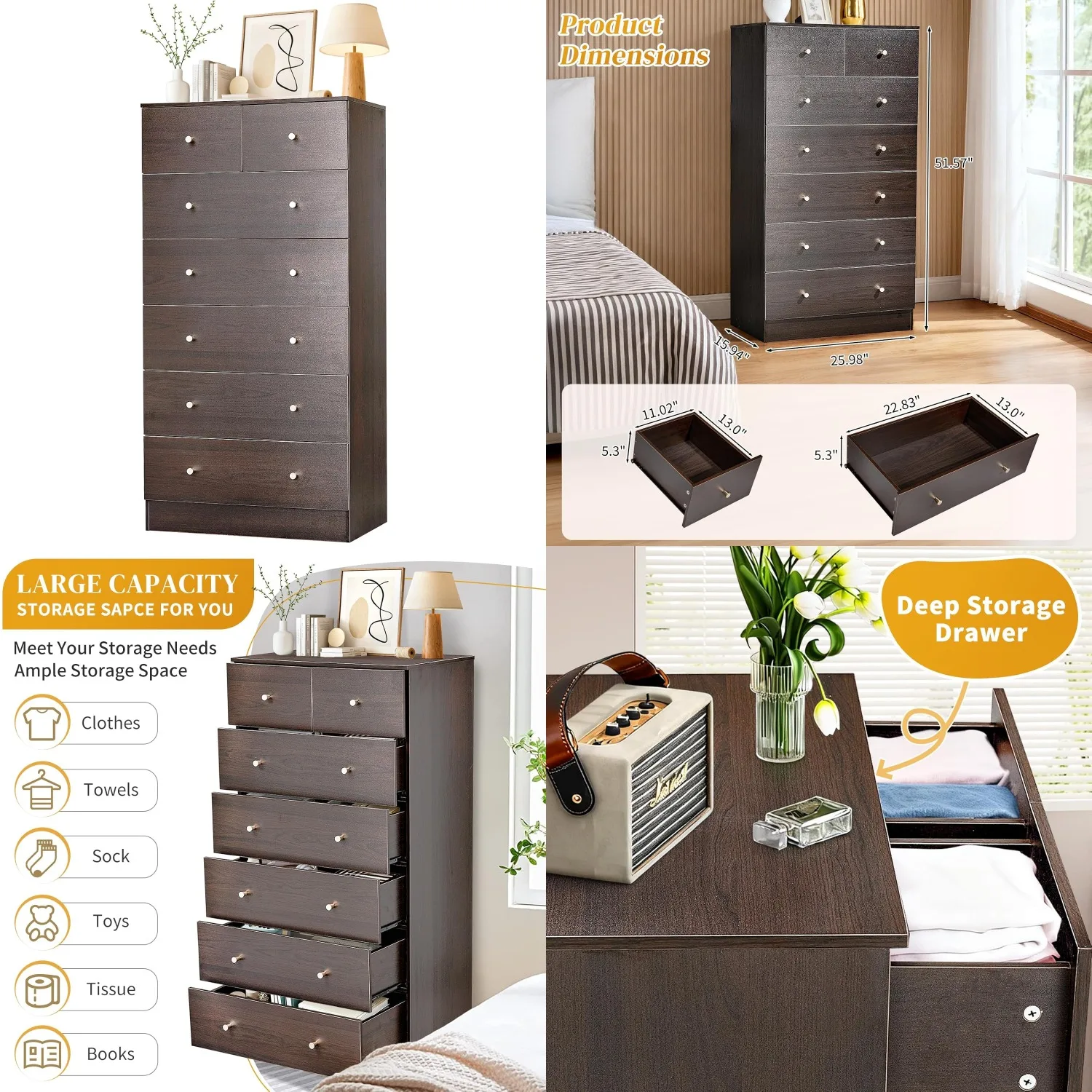 

Brown 7 Drawer Dresser for Bedroom, Modern Wood Dresser Chest of Drawers, Bedroom Dressers Nightstand, Anti-Tipping, Customized