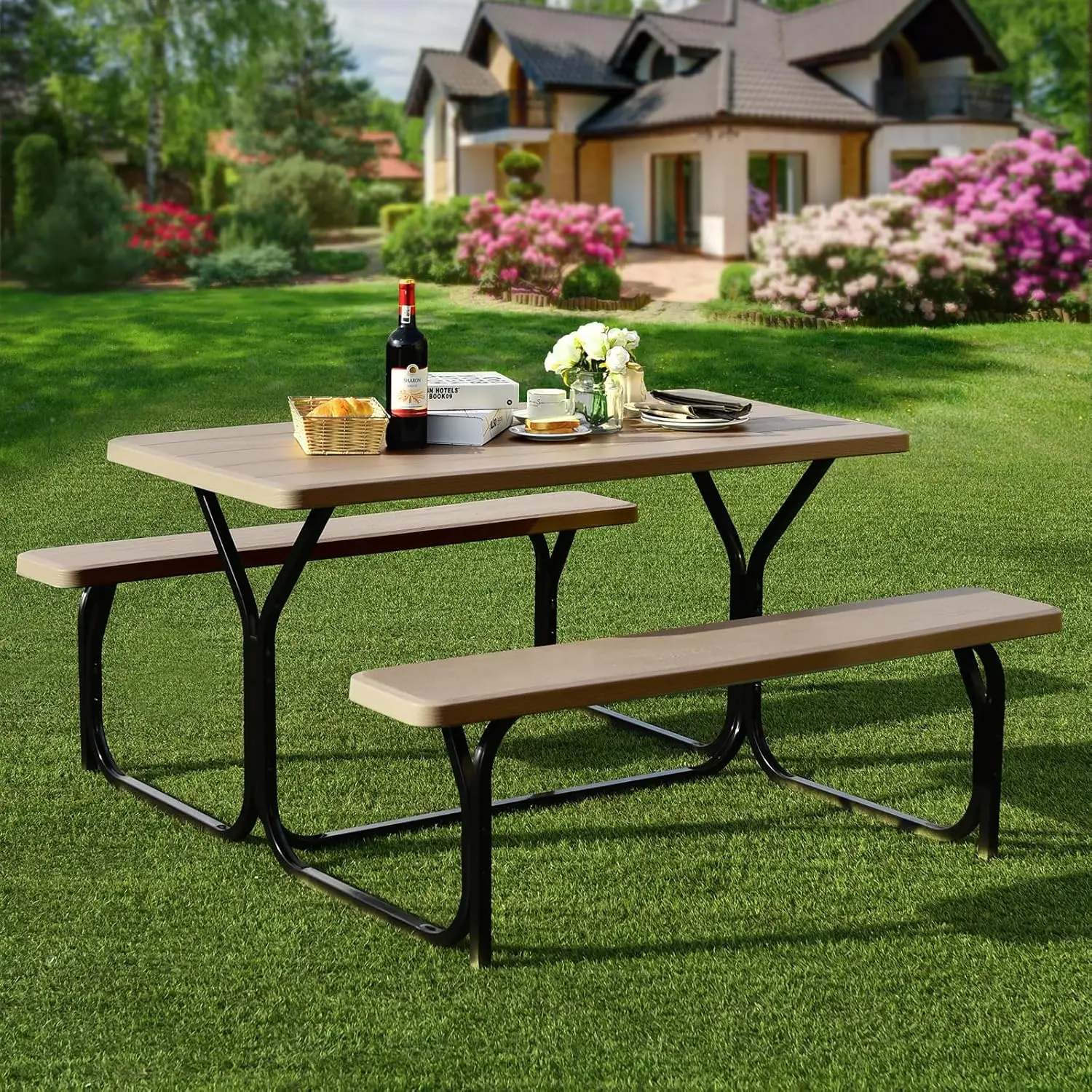 Picnic Table Bench Set Outdoor Camping All Weather Metal Base Wood-Like Texture Backyard Poolside Dining Party Garden