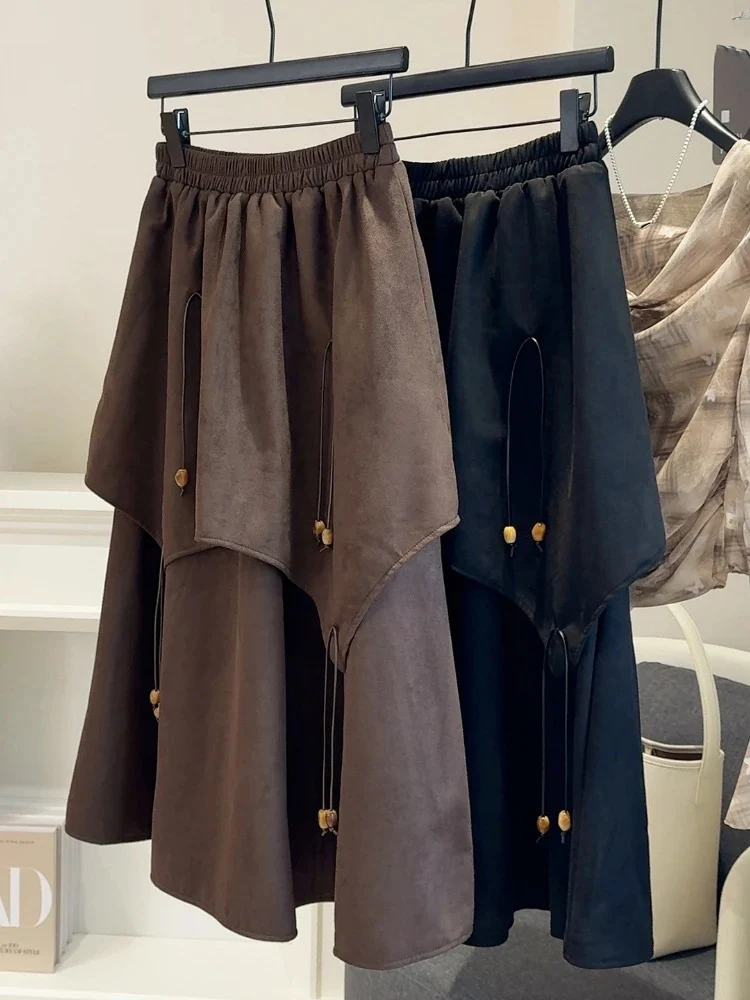 

2025 Faldas Mujer De Moda Fake Two Pieces Skirts Women's Clothing High Waist Vintage Jupe Korean Irregular Elegant Long Skirt