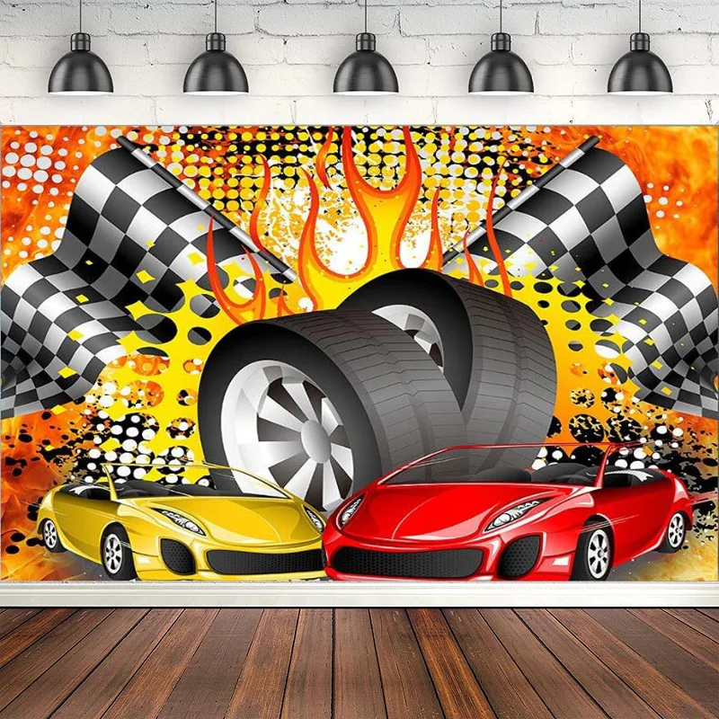 

Photography Backdrop Racing Car Theme For Kid Boys Birthday Party Decoration Black White Grid Colorful Background Banner Poster