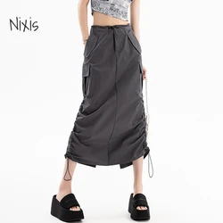 American Retro Cargo Skirt for Women Summer Slit Design Drawstring High Waist Mid-length Skirt Y2k Streetwear Fashion Clothing