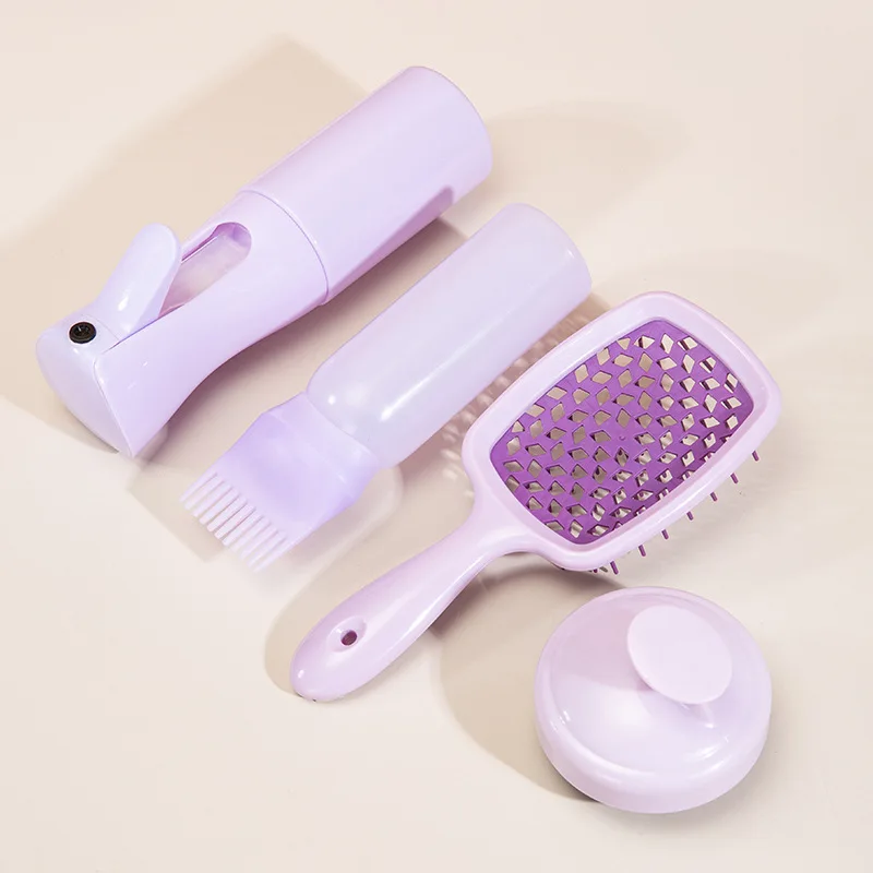 4pcs set Scalp Massage Comb Purple Hollow Out Comb Shampoo Massage Brush Bath Hair Washing Spray Bottle Salon Hairdressing Tools