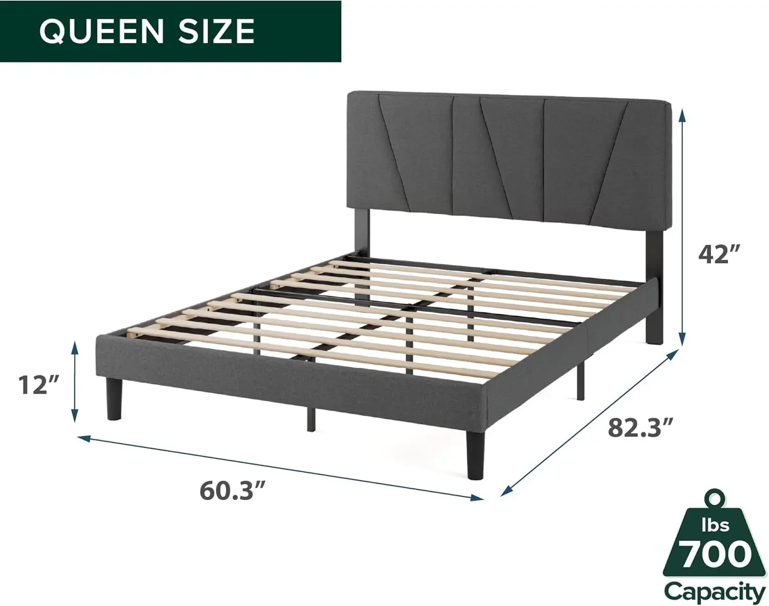 Bed Frame with Asymmetric Headboard, Durable Wooden Slats, Sturdy Framework, Noise Free Sleep, No Box Spring Needed, Easy Assemb