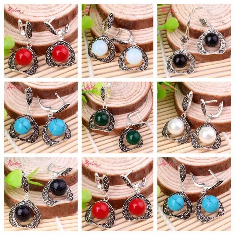 10mm Round Shell Agate Turquoise Cat Eye Coral Tibetan Silver Huggie Earrings Gorgeous Women Jewelry for Birthday Party Gift