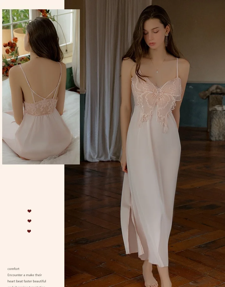 ชุดนอนผ้าซาตินสีขาวหรูหรา - ชุดนอนสายเดี่ยวเซ็กซี่ ชุดนอนนางฟ้า น่ารัก ชุดเดรสยาวสำหรับผู้หญิง