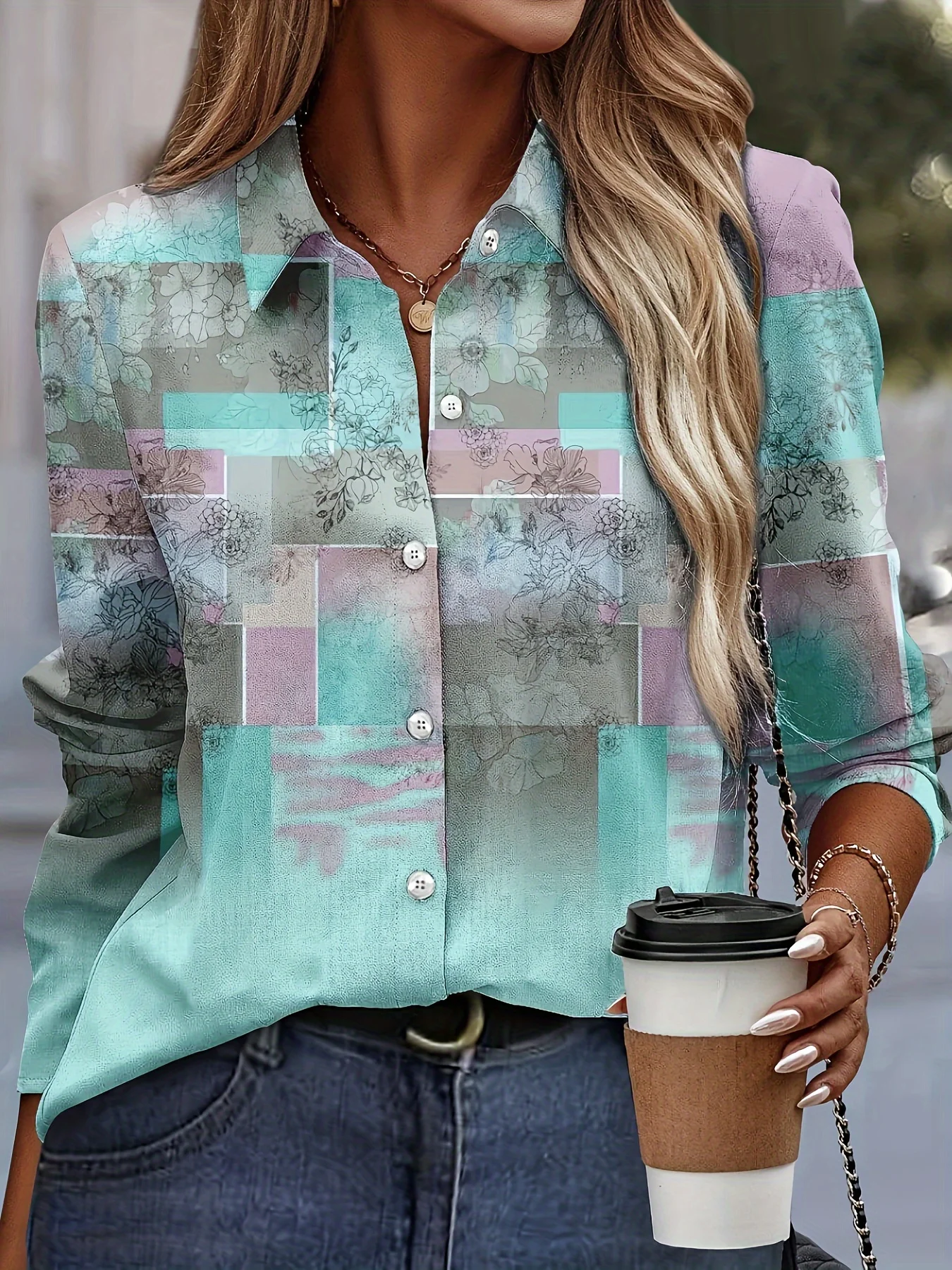 Fashion Block Splicing 3D Print Women's Long Sleeve Shirts Gradient Color Loose Blouse Tops Casual Fashion Women's Clothing
