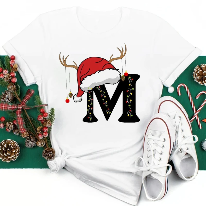 Custom Name Letter Combination Women T-shirt Cute Christmas Hat Font A B C D E F G Short Sleeve Tops Merry Christmas T-shirts