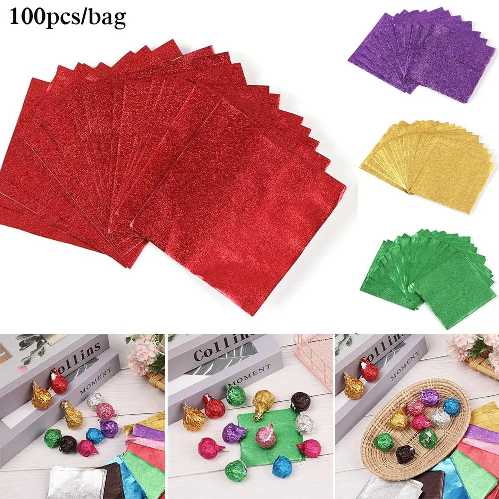 100 pcs DIY Metal Embossing Color Tin Food Baking Decoration Wrapping Paper Candy Chocolate Aluminum Foil Package Paper