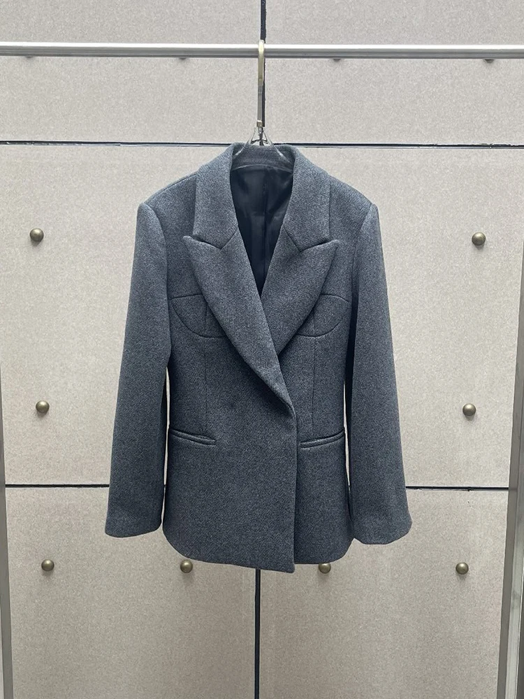 Lady's gray double-breasted wool blazer with a fitted waist and a sleek business-style wool blend coat, 2026 new design