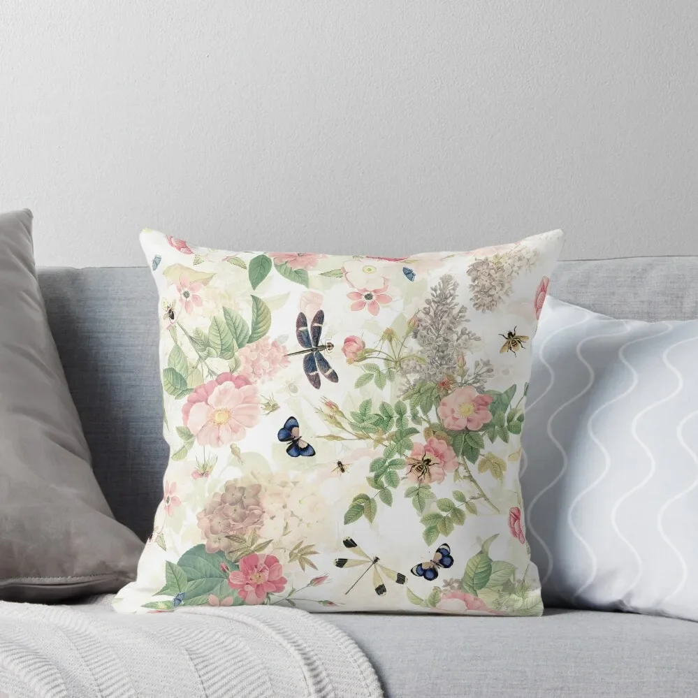 UtART - Vintage Roses Spring Flower And Early Insects Botanical Garden Pattern - Sepia Blush Cream white Throw Pillow