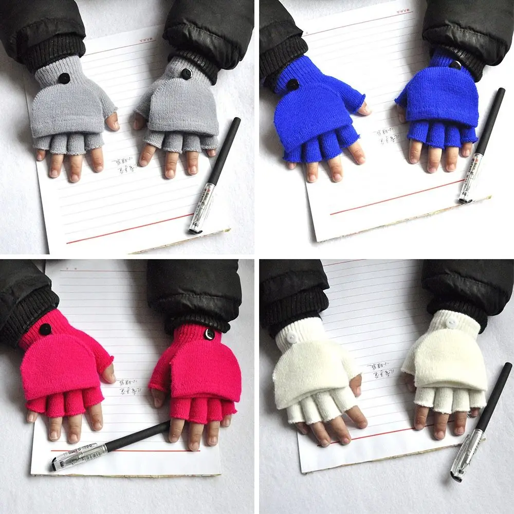 5-11 Years Thicken Kids Knitted Gloves Plus Velvet Warm Winter Warm Mittens Flip-Open Cartoon Fingerless Gloves for Baby Kids