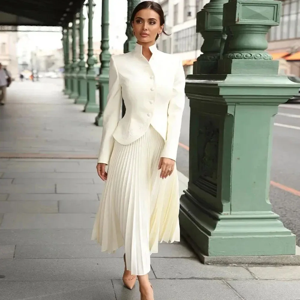 MOBEYE 2024 Button Long Sleeve Jacket Ball Gown Pleated A Line 2 Piece Noble Crepe Evening Gown Formal Wedding Dress