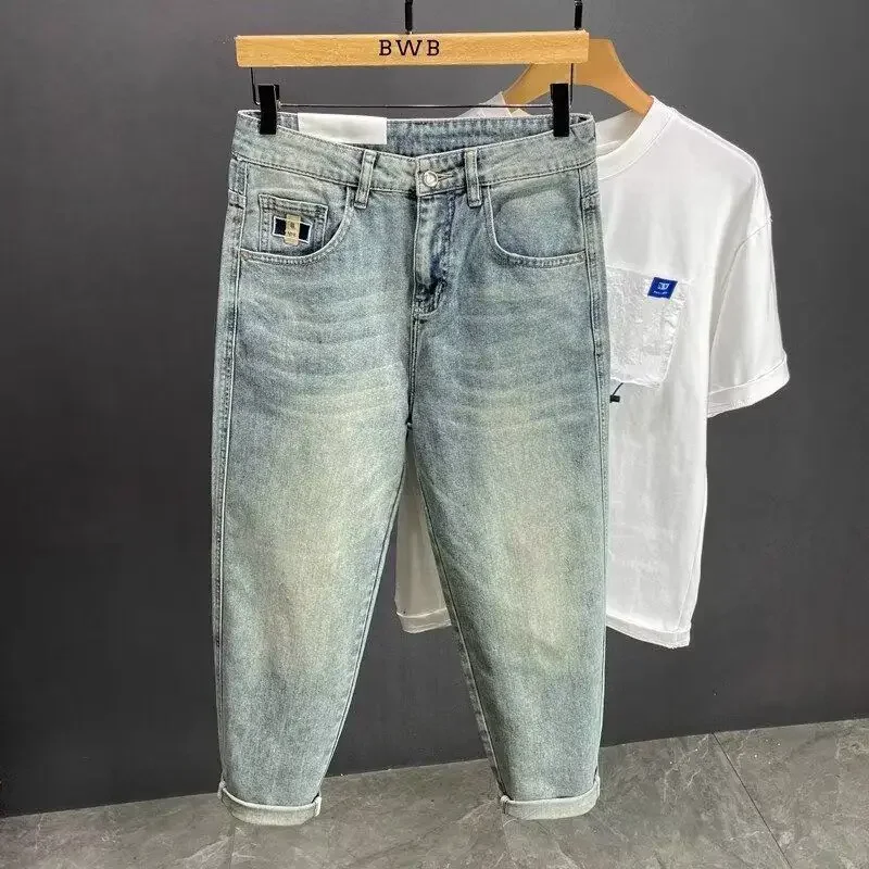 

Pop High Street Men's Deisgner Jeans New Spring Autumn Light Blue Loose Straight Leg Casual Denim Pants Slim Fit Washed Trou