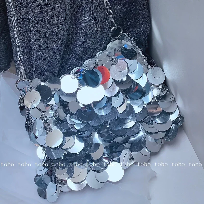 INS Hot Homemade Purse Summer Holiday Beach Bag Sliver Circle Sequined Woven Shiny Evening Party Large Capacity Crossbody Bags