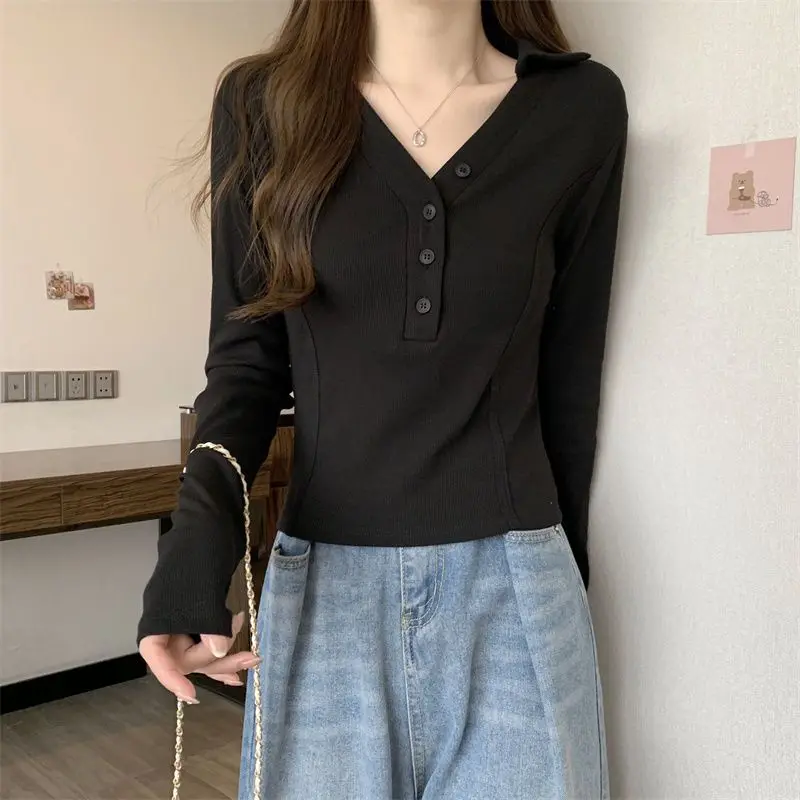 Women's V Neck Slim Fit Cropped Polo Shirt Long Sleeve Waist Cinched Y2K Top Spring Autumn Unique Tee