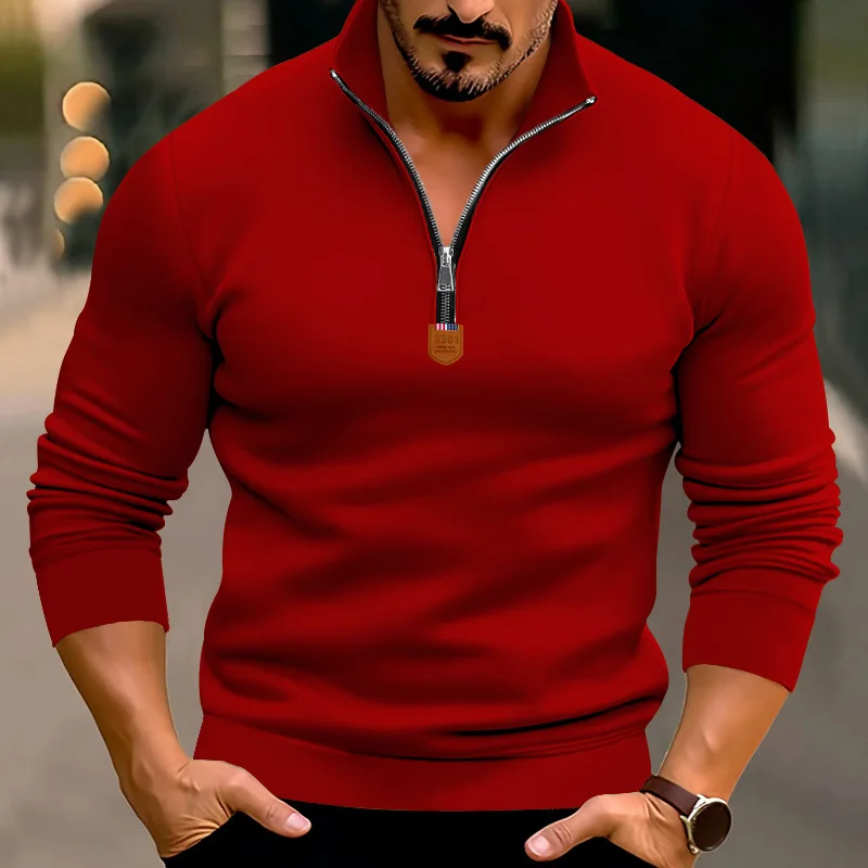 Fall Winter men casual fleece-lined solid color long sleeve European and American half zipped stand collar sweater top men