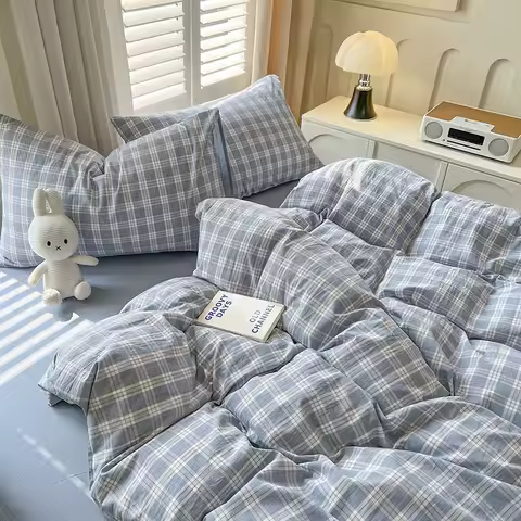 2026 New Lattice Duvet Cover Set with Sheet Pillowcases No Filling Warm Bed Linen Twin Full Queen Size Grid Home Bedding Set