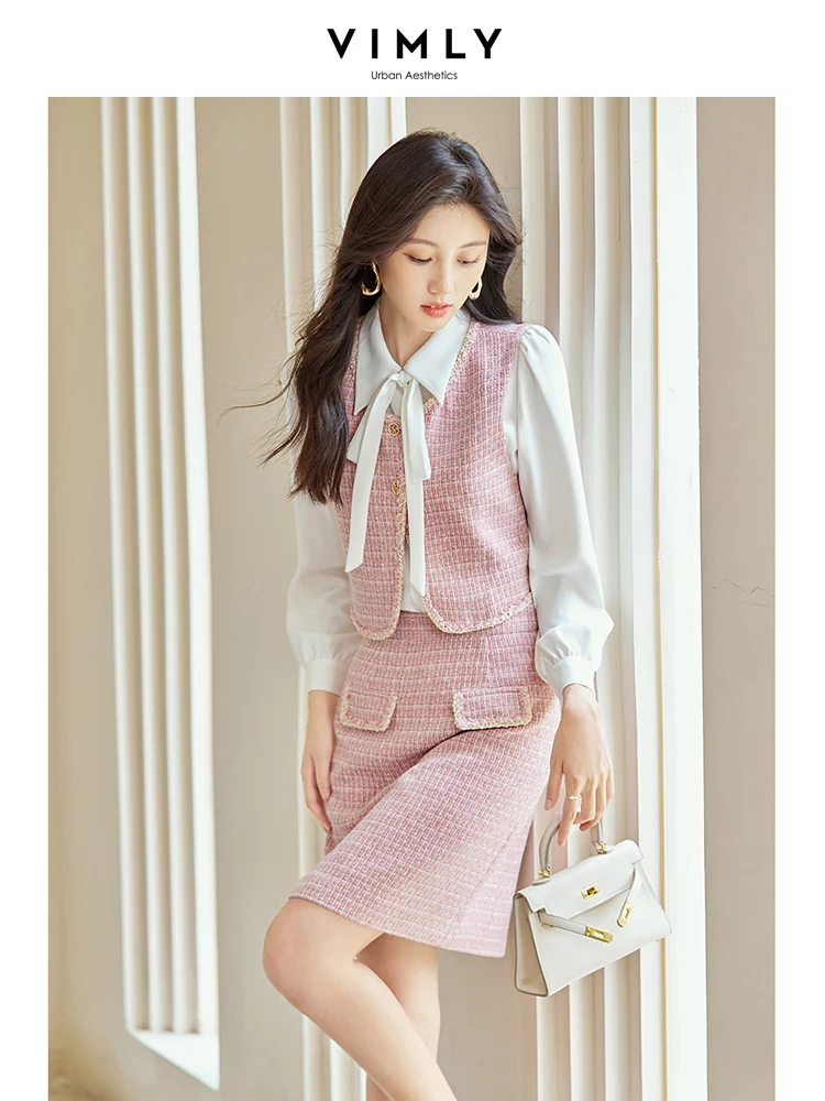 Vimly 3 Piece Tweed Sets Women's Outfits Autumn/Spring White Chiffon Ribbon Shirt Waistcoat Skirt Set Lady Matching Set M2808