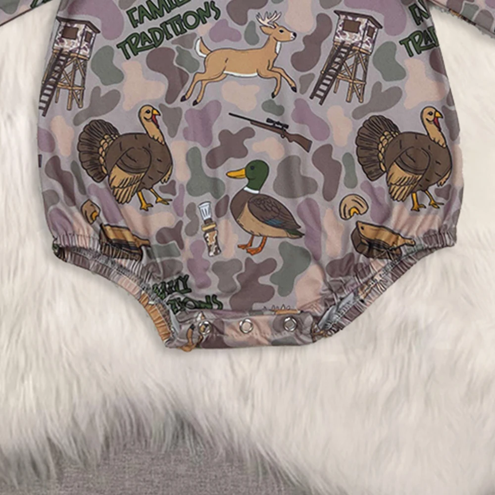 男の子用 ブラウン 迷彩柄 ターキー ダック ハンティング ロンパース 長袖 ベビー服 男の子用 秋冬シーズンに最適