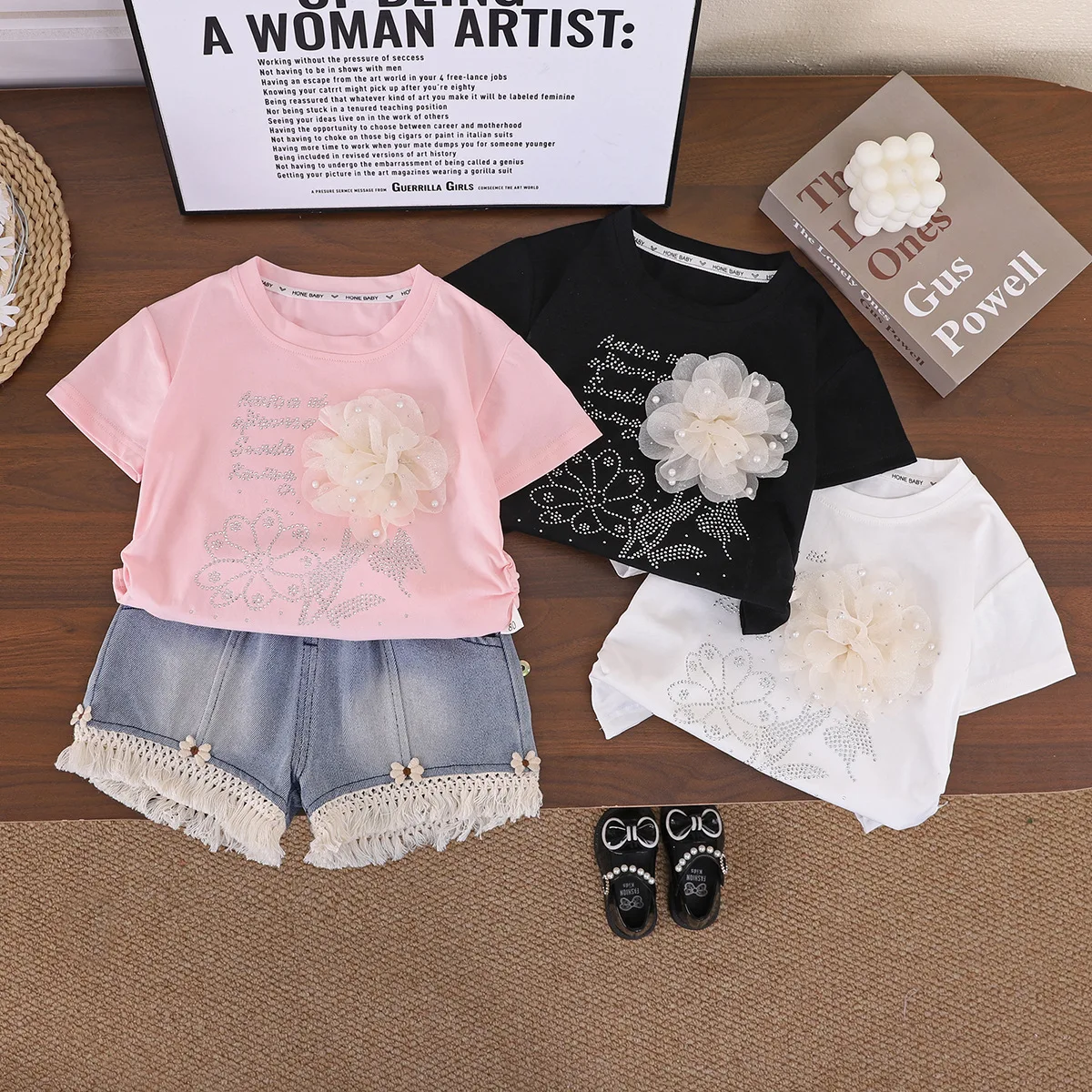 2026 Summer Children Clothing Set Girls Bling Rhinestone Tee Stylish Fringe Jeans Casual Versatile Daily Wear for Little Girls