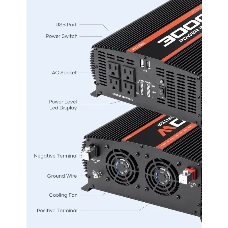 Power Inverter 4 AC Outlets DC 12V to 110V AC Car Inverter with 2 USB Ports Black