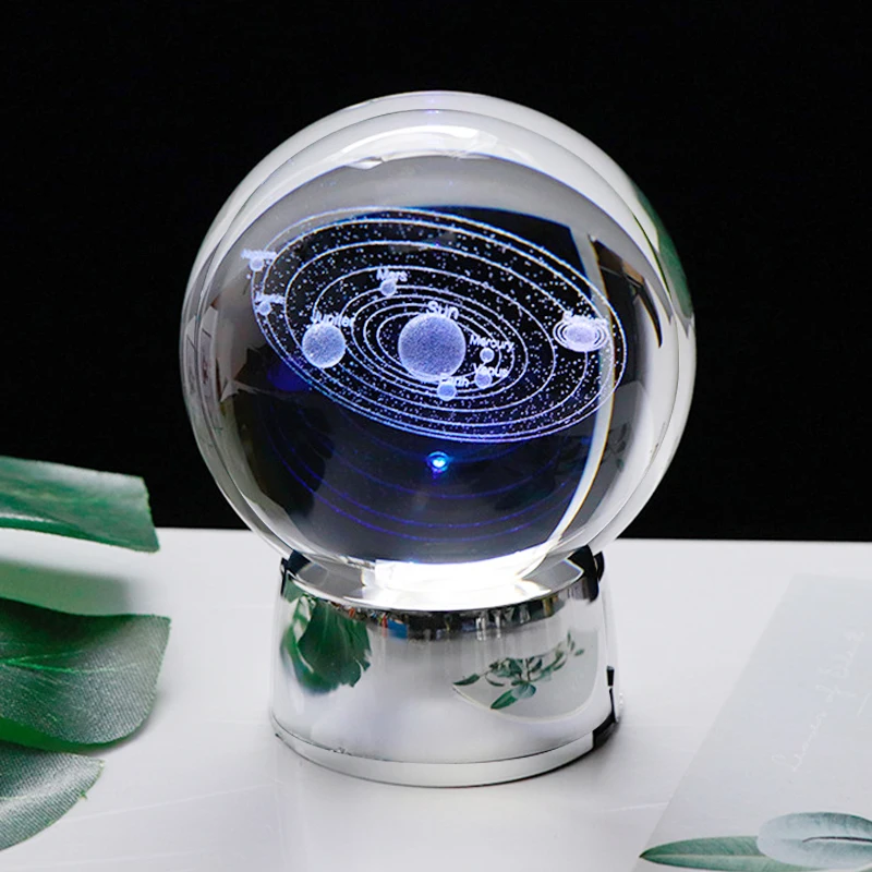 60/80/100mm Crystal Solar System Planet Ball 3D Laser Engraved Sun System Ball with a Touch Switch LED Light Base Cosmic Model