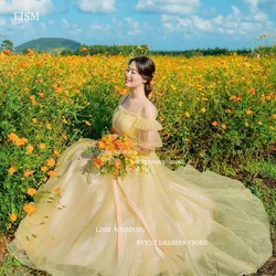 LISM Elegant Yellow Tulle A-Line Evening Dresses For Korea Women Photo Shoot Half Puff Sleeves Wedding Formal Occasion Dress