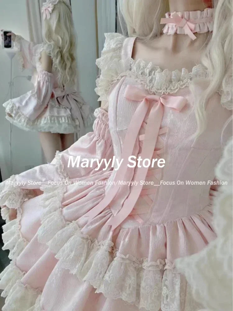 Japanese Sweet Lolita Style Princess Dress Women Kawaii Cute Lace Bow Slim Mini Dresses Elegant Y2k Harajuku Evening Party Dress