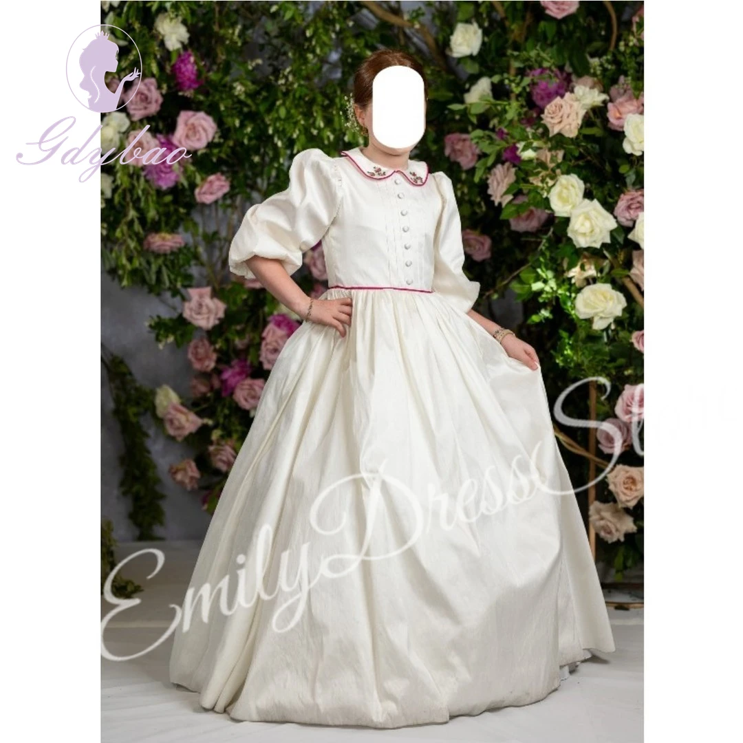 

Customized Ivory Satin Flower Girl Dress For Wedding Applique Collar Half Sleeves First Communion Kids Birthday Party Gown