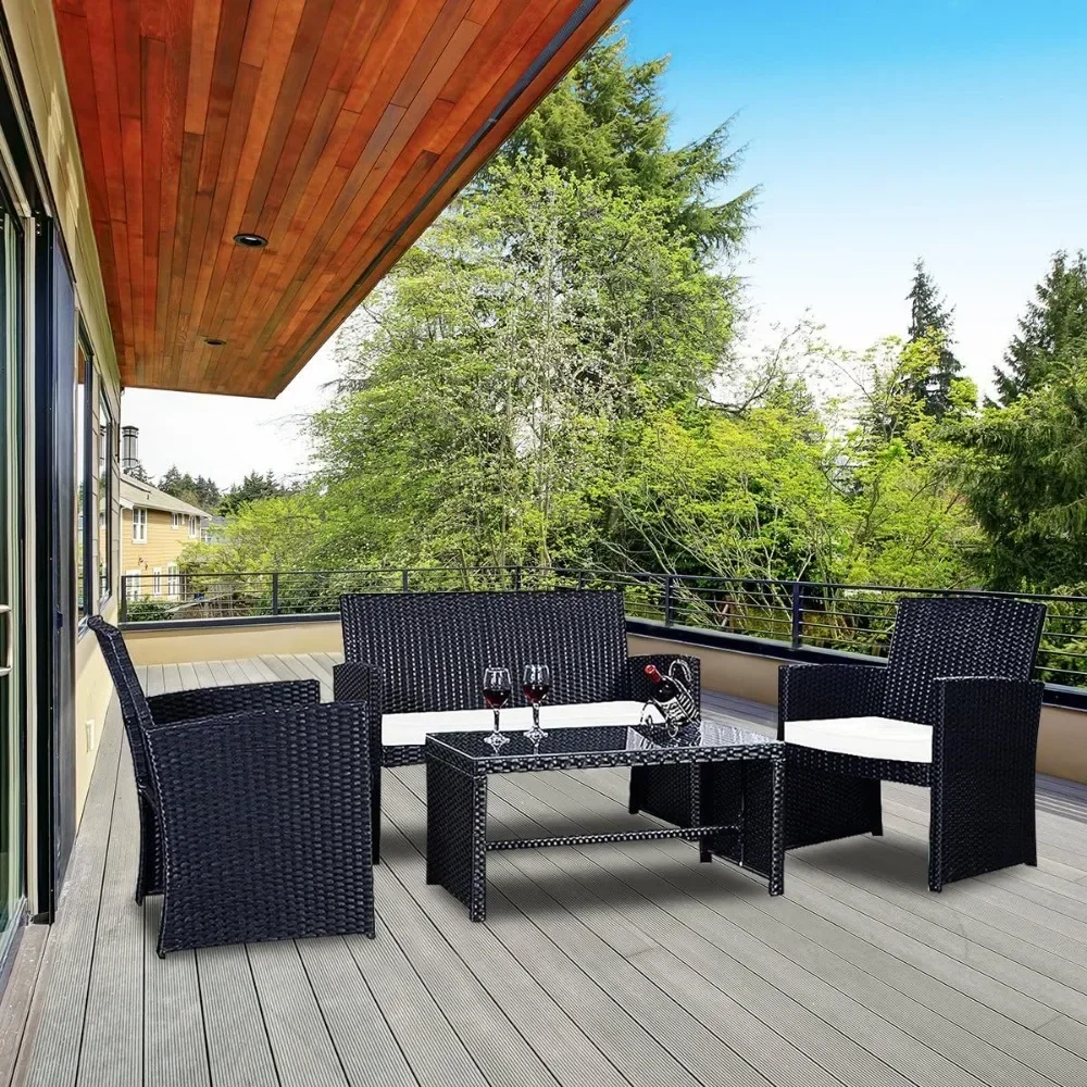 

4-Piece Rattan Patio Furniture Set, Outdoor Wicker Conversation Sofa with Weather Resistant Cushions and Tempered Glass Tabletop