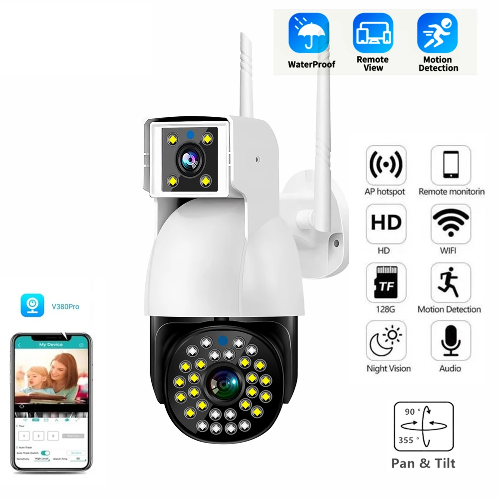 

4MP Dual Lens Wifi Security Camera V380 Pan Tilt Speed Wireless Two Way Audio Video Surveillance Waterproof Camera with Lan Port