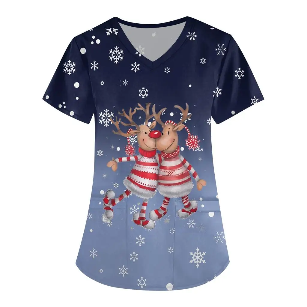 2025 Merry Christmas Work Uniform Short Sleeve V Neck Christmas Reindeer Cartoon Gradient Pattern Top Christmas Fashion Casual