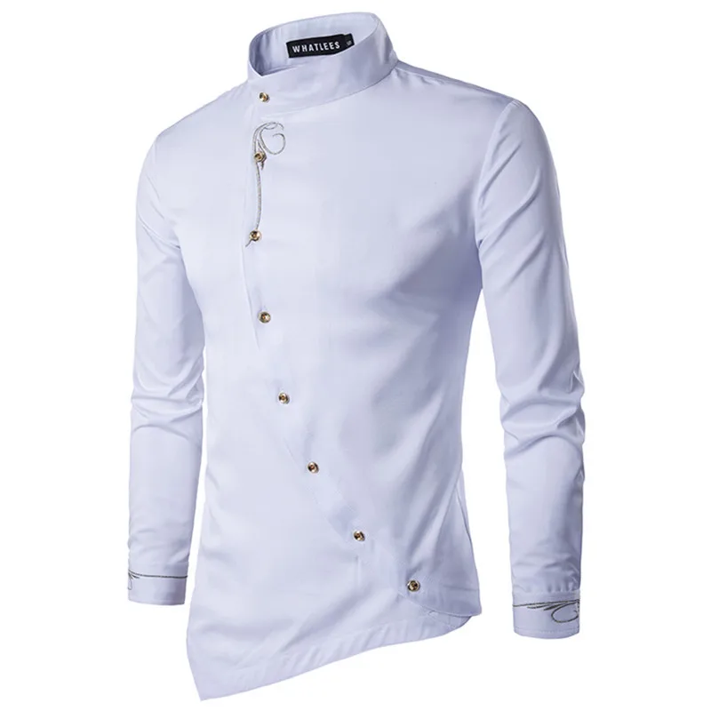 Fashion Mens Hipster Long Sleeve Embroidery Shirt Personality Oblique Button Irregular Casual Dress Shirt Men Tuxedo Shirts