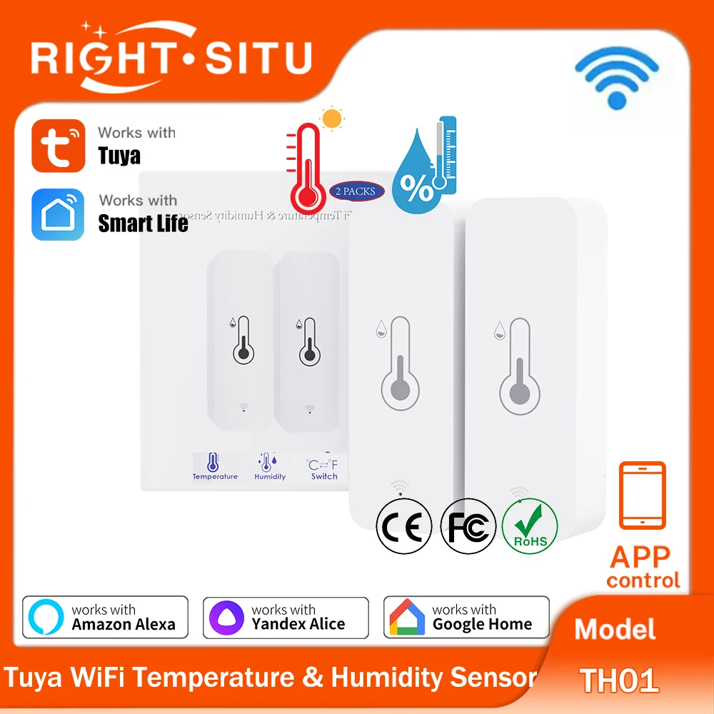

Датчик температуры и влажности Tuya Wi-Fi для умного дома, 2 упаковки, приложение RightSitu, дистанционное управление, работа с SmartLife Yandex Alexa