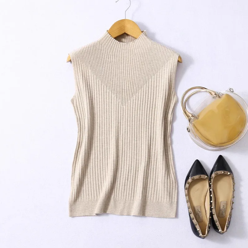 Early Autumn New Temperament 64% Natural Mulberry Silk High-end Feeling Straight Tube Knitted Semi High Neck Sleeveless Vest