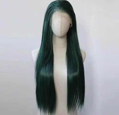 Dark Green Synthetic Lace Front Wig Long Straight Lace Front Synthetic Wig Pre Plucked Heat Resistant Hair Daily Wear Cosplay