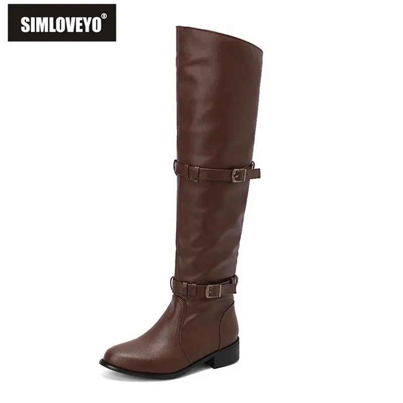 SIMLOVEYO Women Thigh Boots 51cm Wide Leg Block Heels 3.5cm Slip On Size 47 48 Booties Shoes