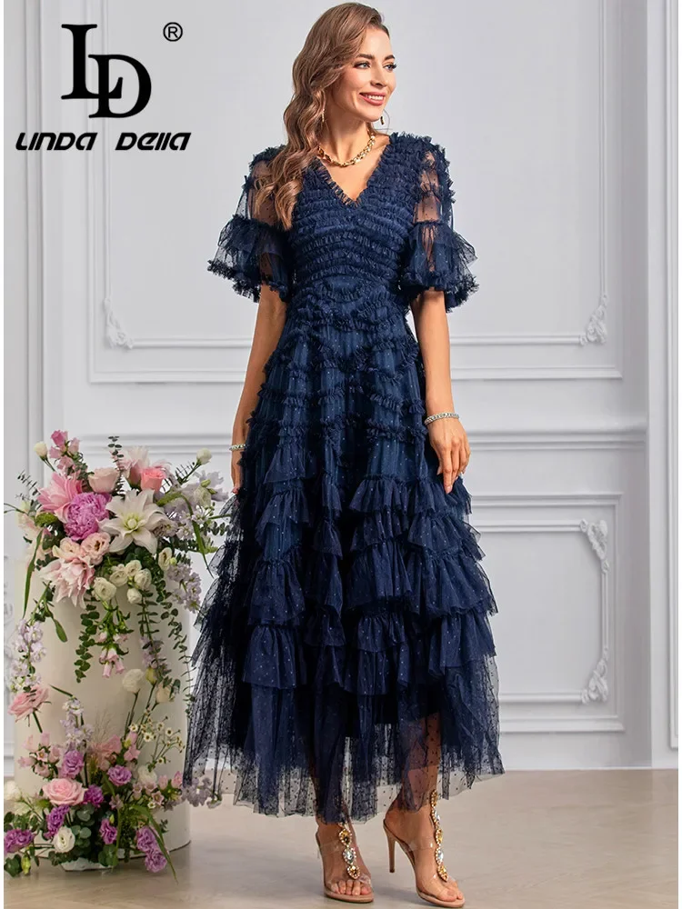 LD LINDA DELLA Summer Runway Fashion Dresses Women\'s Vintage Polka Dot Print Net Yarn Cascading Ruffle Backless Sexy Dresses