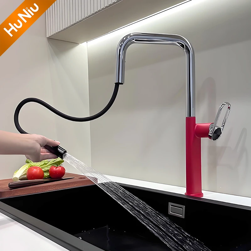 

Huniu Red Pull Out Kitchen Faucet Kitchen Sink Faucets Stream Sprayer Taps Rotatable Kitchen Mixer Brass Water Tap Crane Gold