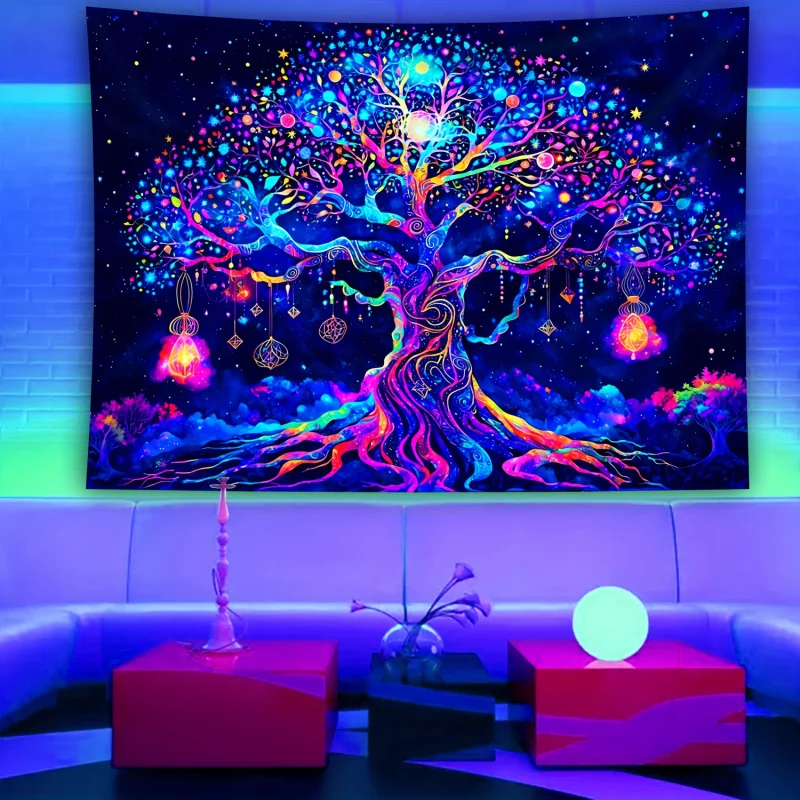 VIKAMA Cyberpunk-Tapisserie „Baum des Lebens“, fluoreszierender Neon-Wandbehang, psychedelische Heimdekoration für Wohnzimmer und Wohnheim