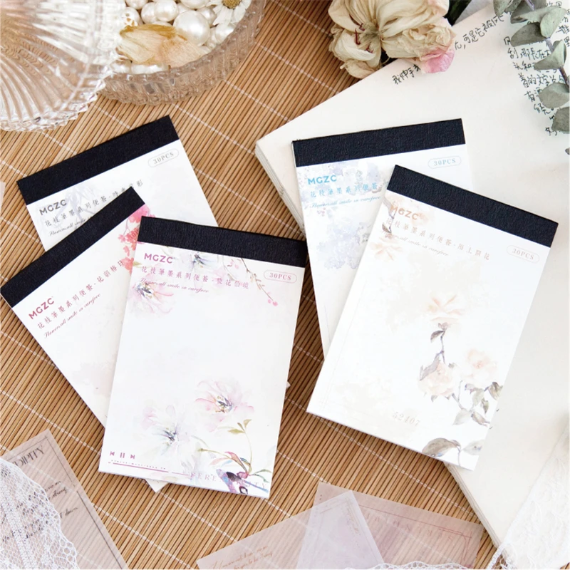 30Sheets Memo Notes Flowers Flowering Branch Ink Decorative Writing Background Handbook Material Scrapbooking 105*70MM