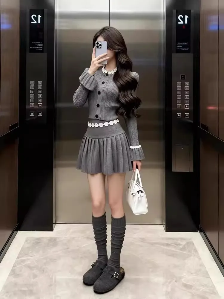 Korean Style Knitted Set Women's College Fashion Color Block Beautiful Atmosphere Short Skirt Two-Piece Set Autumn Winter
