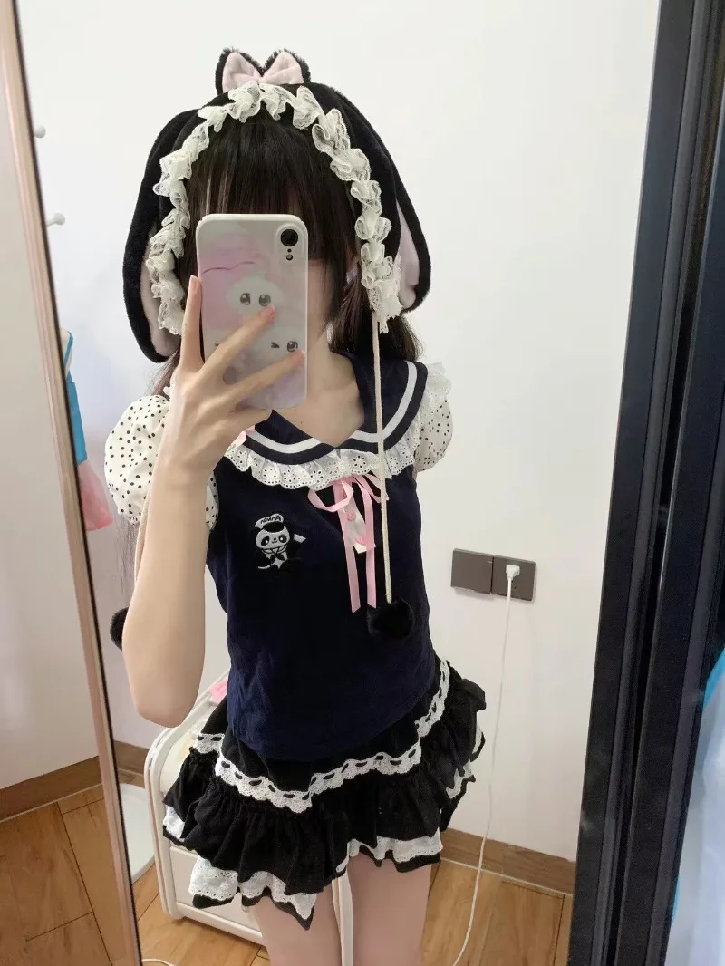 Summer New Polka Dot Patchwork Tops Japanese Cute Daughter Clothes Peter Pan Collar Bubble Sleeve Top Lace Short Sleeved T-shirt