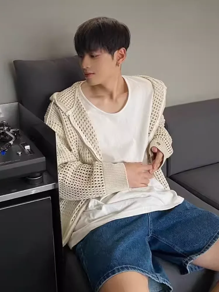 Cardigan Sweater Men Ins High Street Hooded Hollow Knit Sweater Summer Thin Cut Sunscreen Couple Outfit Jacket
