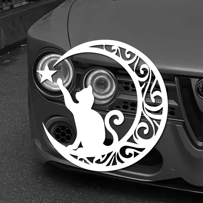 Crescent Moon Cat Star Decal, Waterproof Vinyl, Cute Mystical Trendy Custom Sticker for Car Window Laptop Tumbler Hard Surfaces