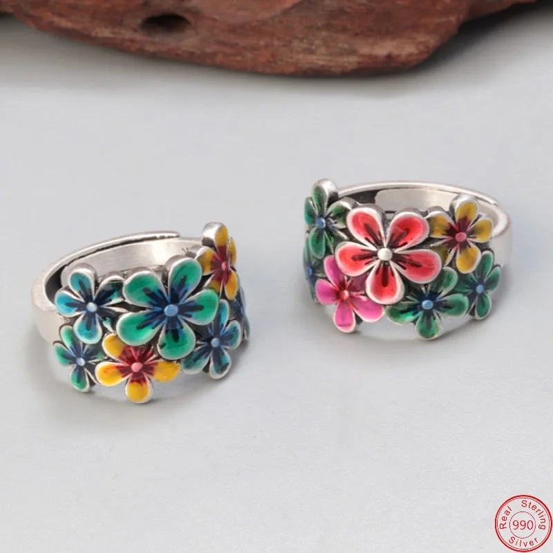 Genuine Real S990 Sterling Silver Rings for Women New Women's Fashion Enamel Flowers Blooming Like a Piece of Brocade Jewelry