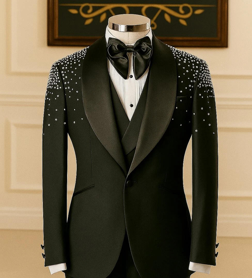 الحديثة الرجال البدلة الخرز شال طوق 2 قطعة السترة السراويل جيب مخصص الأعمال ملابس رسمية للحفلات الزفاف العريس زي