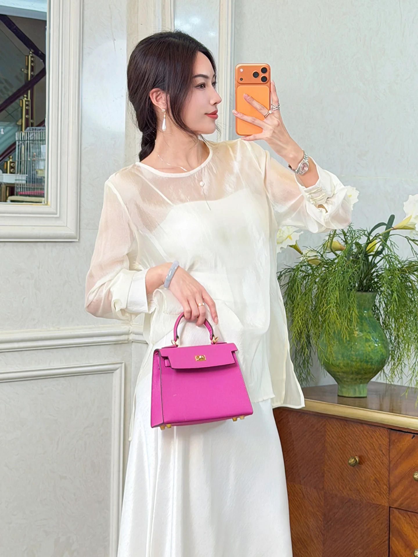 

Miss Fly 2026 round Neck Long Sleeve Transparent Silk Chiffon Shirt Loose Fit Sun Protection Gentle Fairy Style Women's Shirt