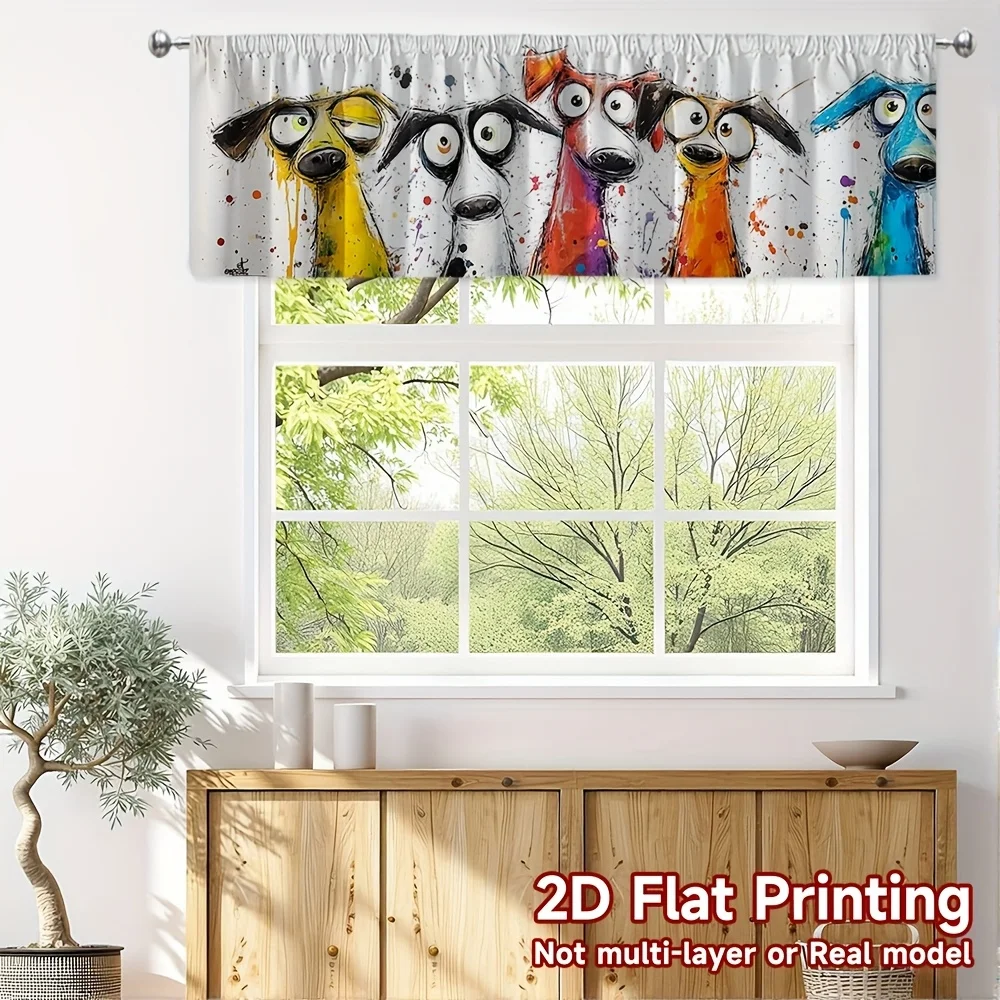 VIKAMA Colorful Dog Print Valance Curtain, Short Kitchen Window Curtain for Living Room Pet Lovers Home Decor